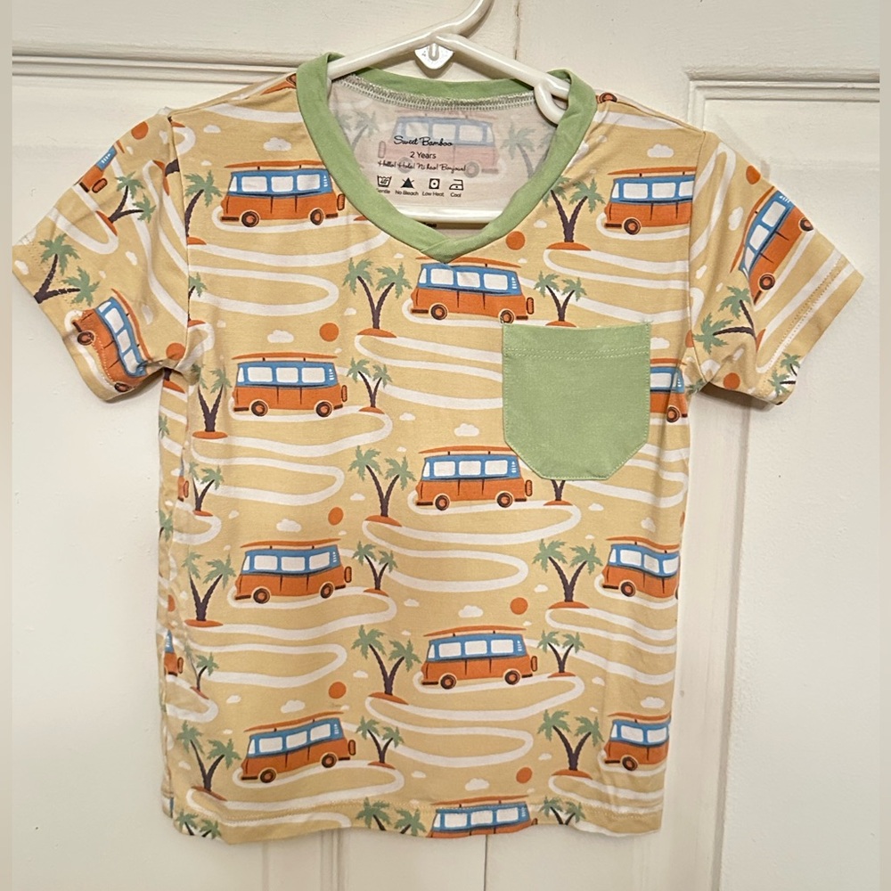 Kids Beach Camper Pocket Tee - Yellow with Green Trim